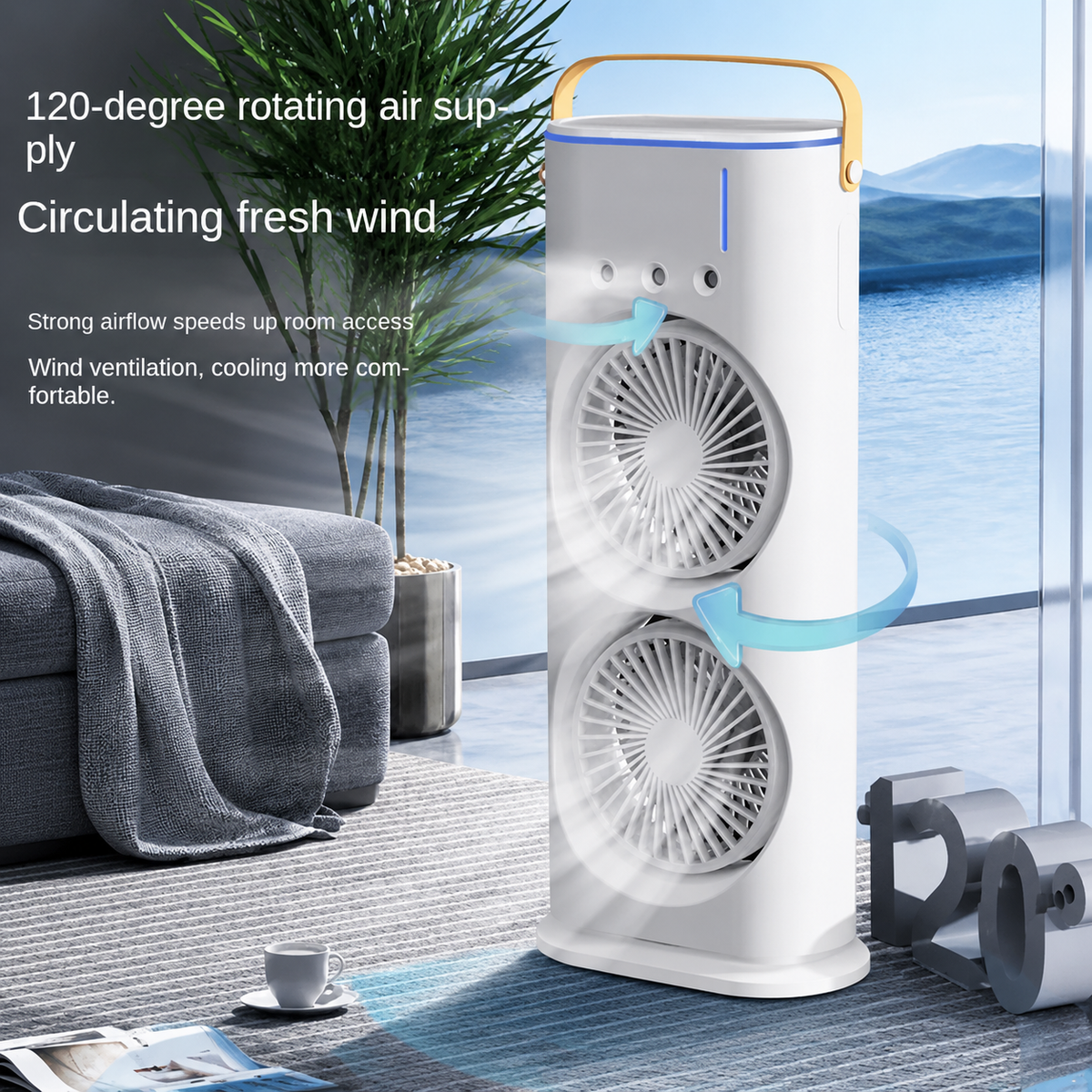 Dual-Head LED Tower Fan – Portable Desktop Air Circulator with RGB Mood Light