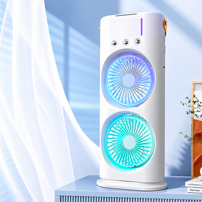 Dual-Head LED Tower Fan – Portable Desktop Air Circulator with RGB Mood Light